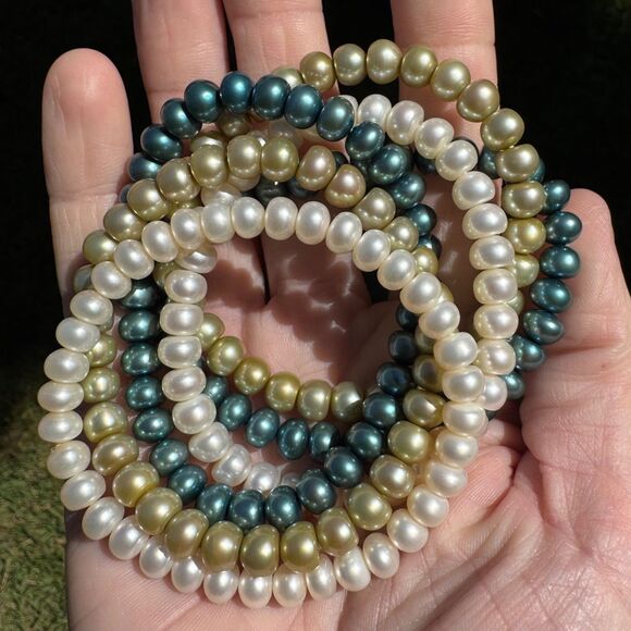Honora Pearl Stretch Bracelets Set Of 6 Blue Green White Cool Tones Vintage - Picture 5 of 10